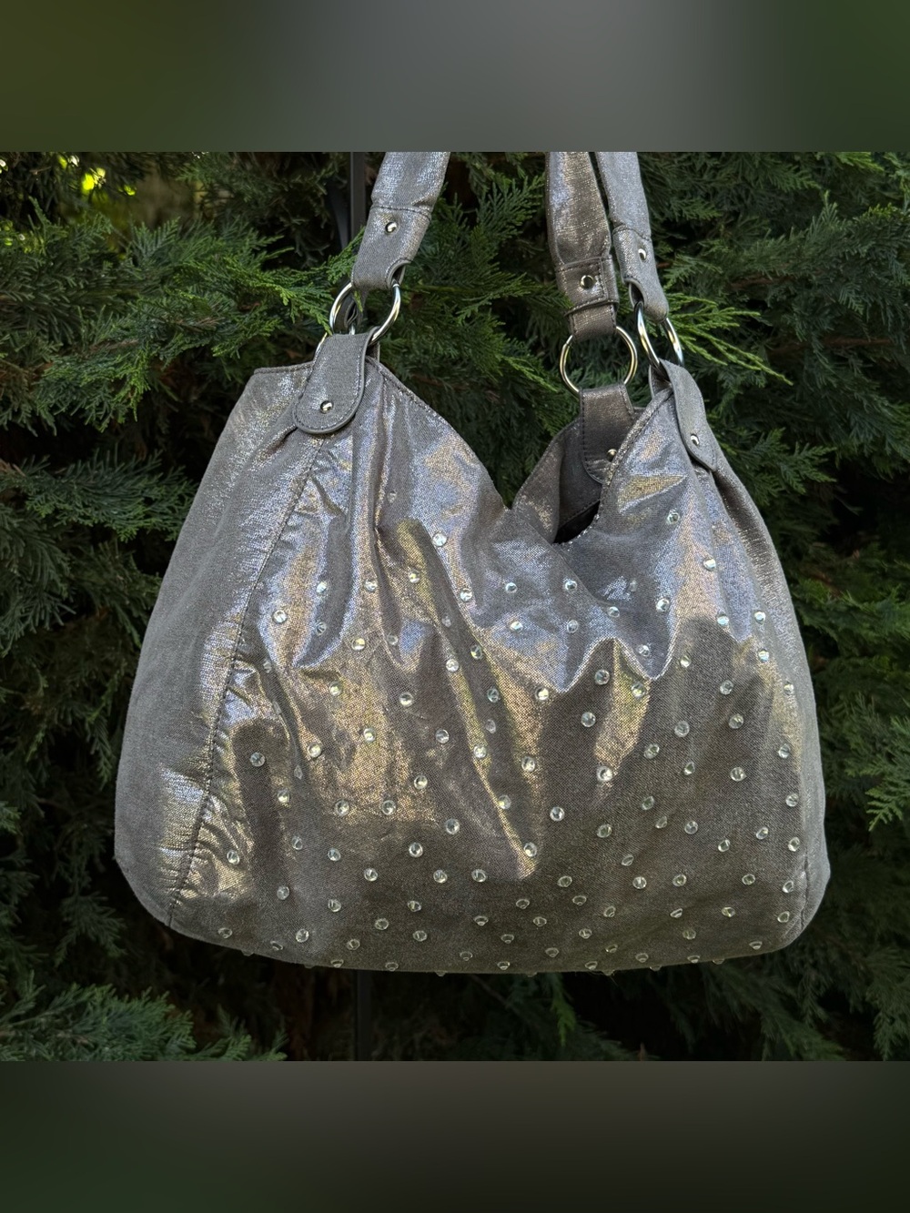 joan boyce designed hobo purse silver shiny rhinestones tote shoulder bag